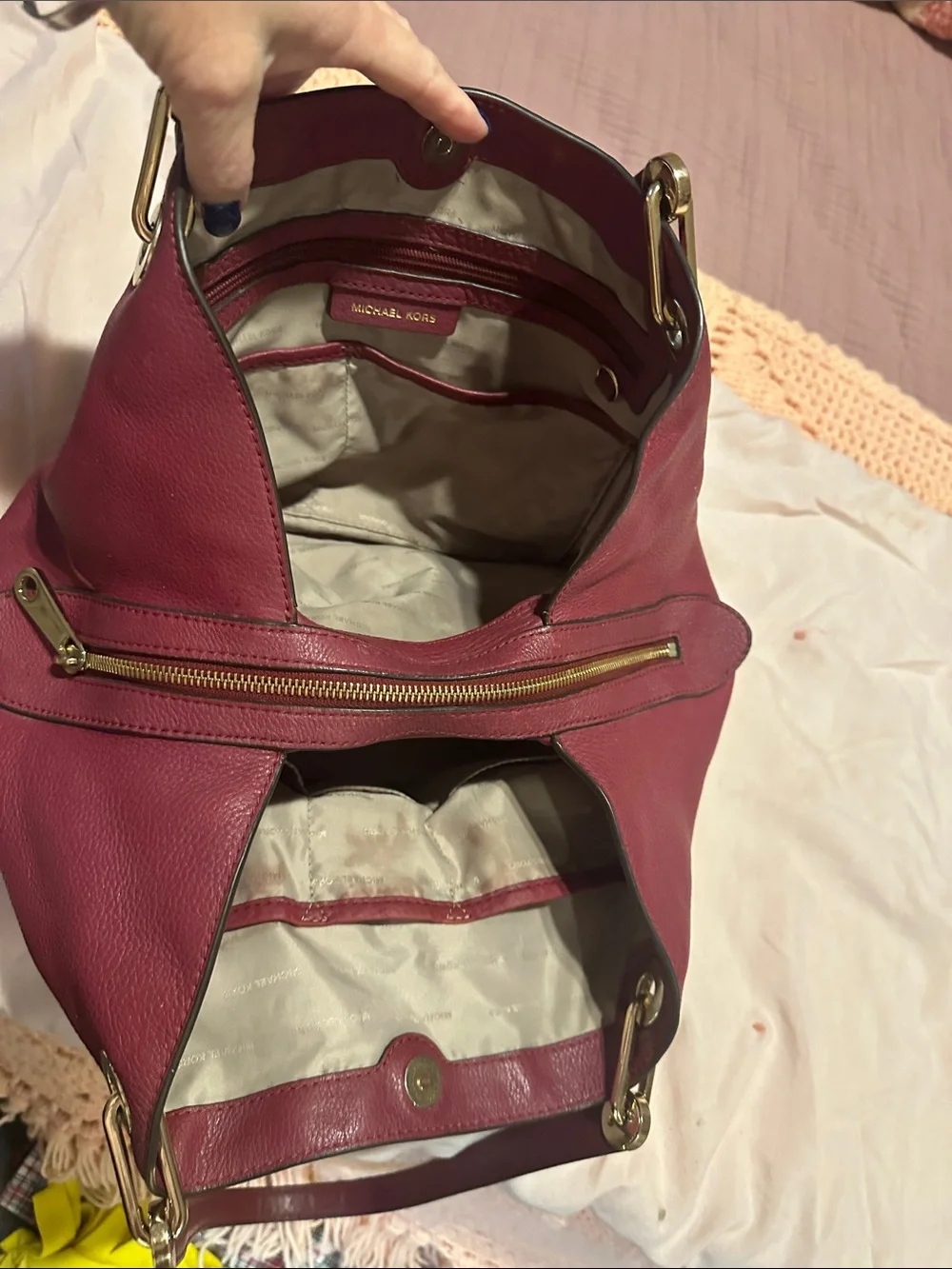 Michael Kors Wine Pebbled Leather Shoulder Tote with Gold Hardware